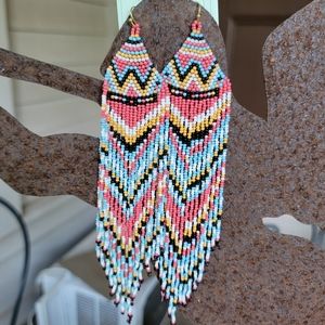 Seed Bead Free Spirit Boho Hippie South Western People Fringe Long Earrings